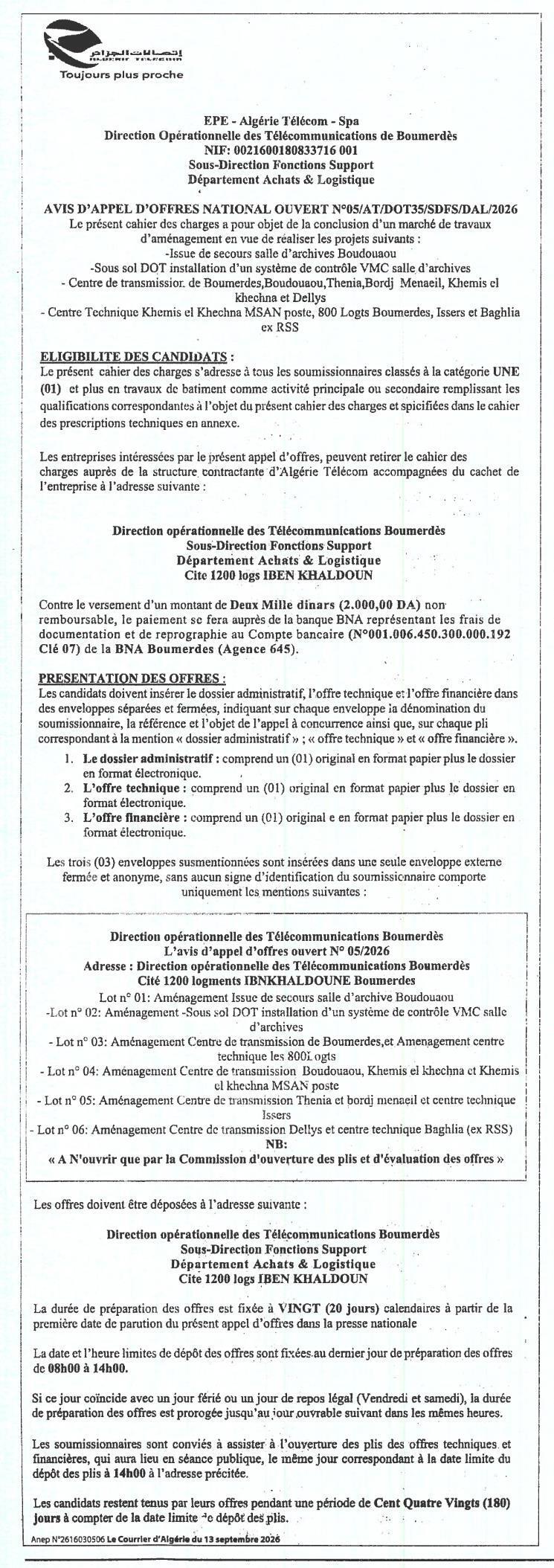 Appel d'offres national ouvert pour des travaux d'aménagement par Algérie Télécom