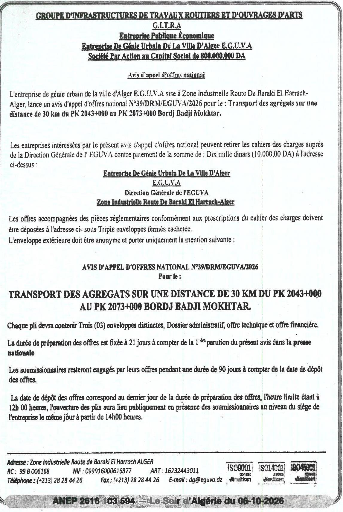 Transport des agrégats sur une distance de 30 km (PK 2043+000 au PK 2073+000, Bordj Badji Mokhtar)