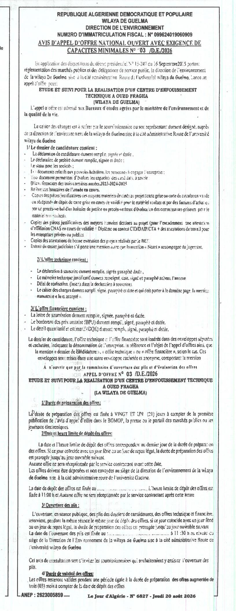 Étude et suivi pour la réalisation d'un centre d'enfouissement technique à Oued Pragha (Wilaya de Guelma)