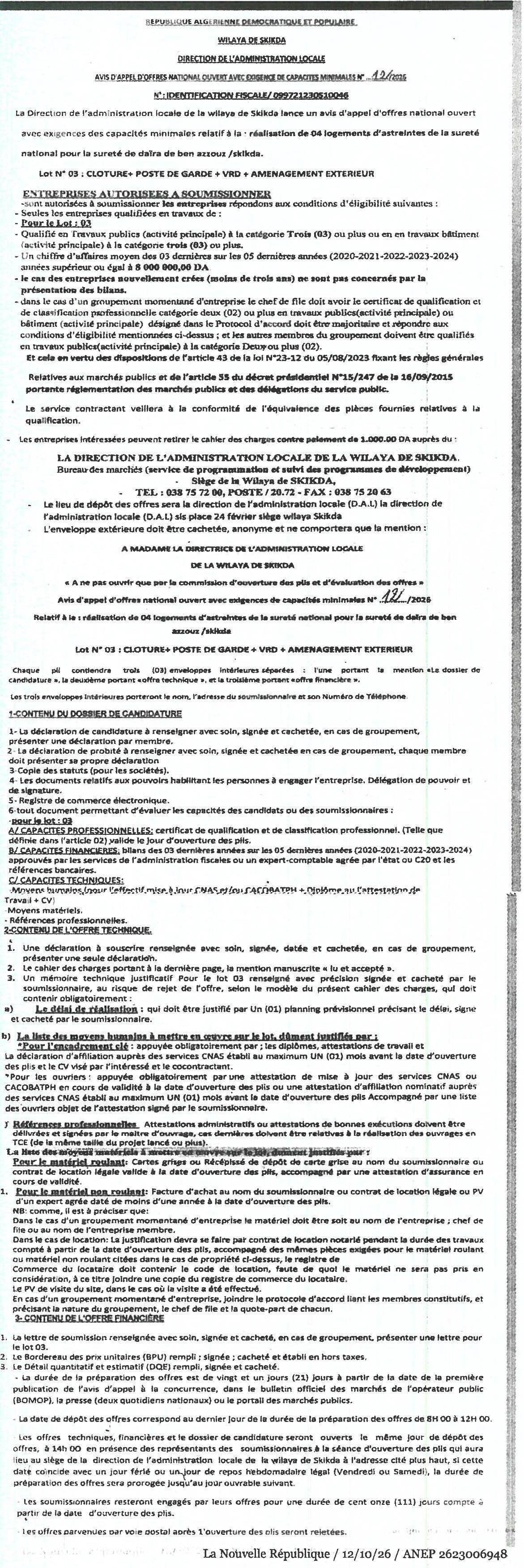 Réalisation de 04 logements d'astreinte de la sureté nationale et aménagements connexes (lot 03 : clôture, poste de garde, VRD, aménagement extérieur) à Skikda