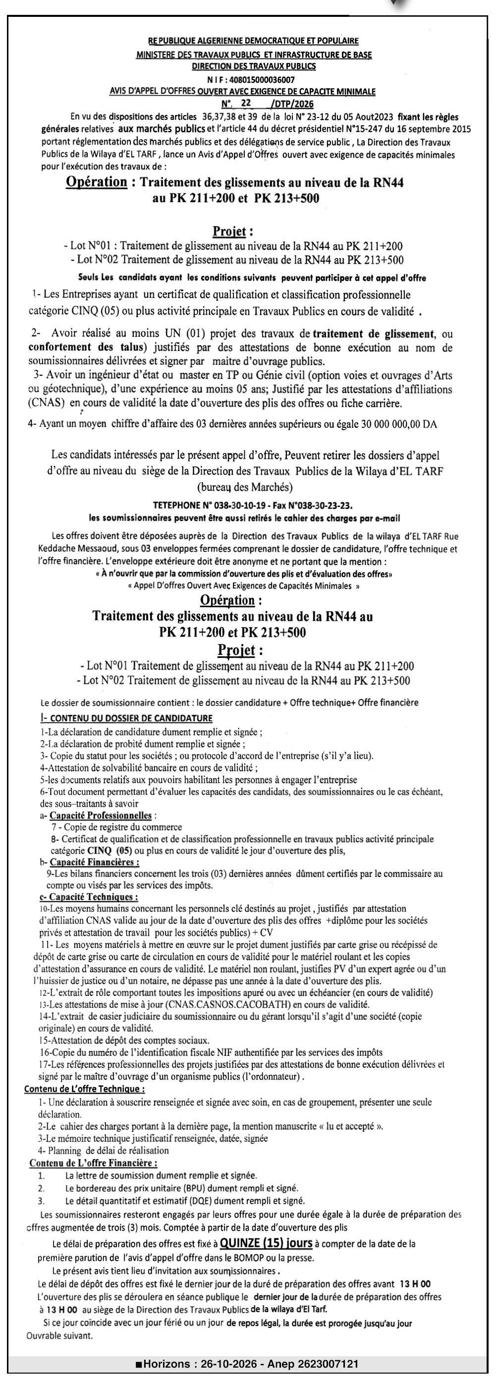 Traitement des glissements de terrain sur la RN44 (PK 211+200 et PK 213+500) – Wilaya d'El Tarf