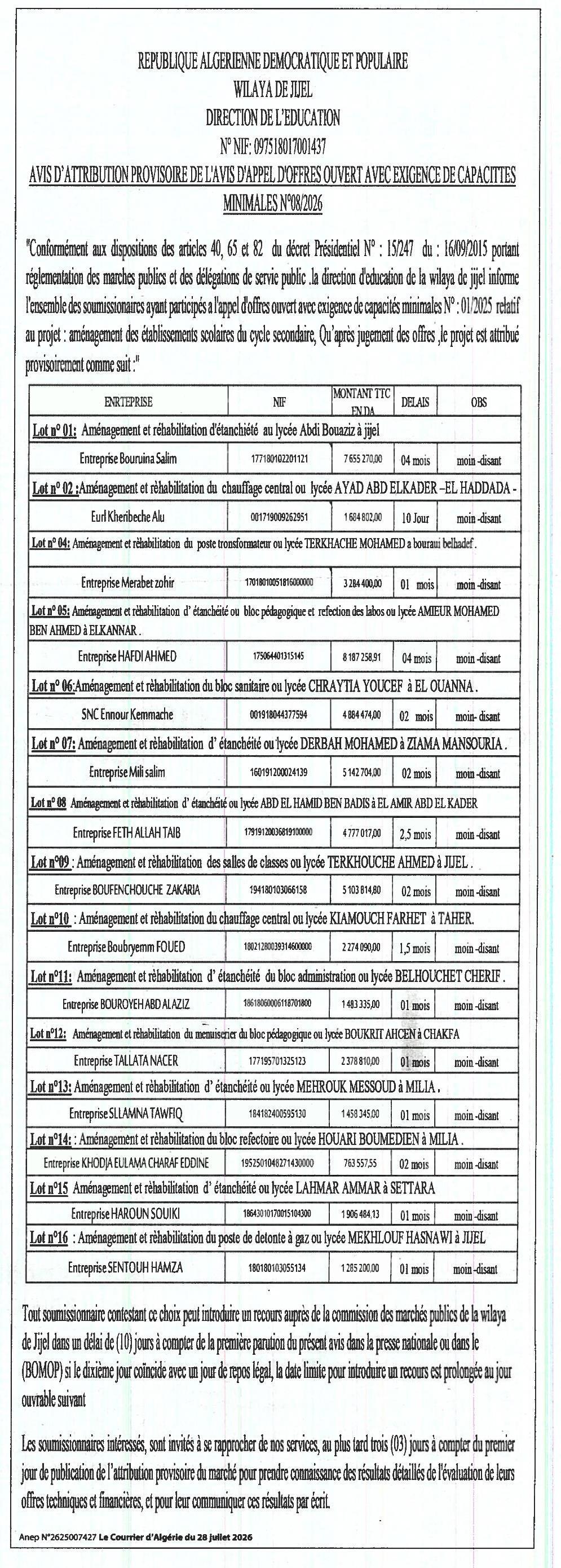 Attribution provisoire - Aménagement des établissements scolaires du cycle secondaire