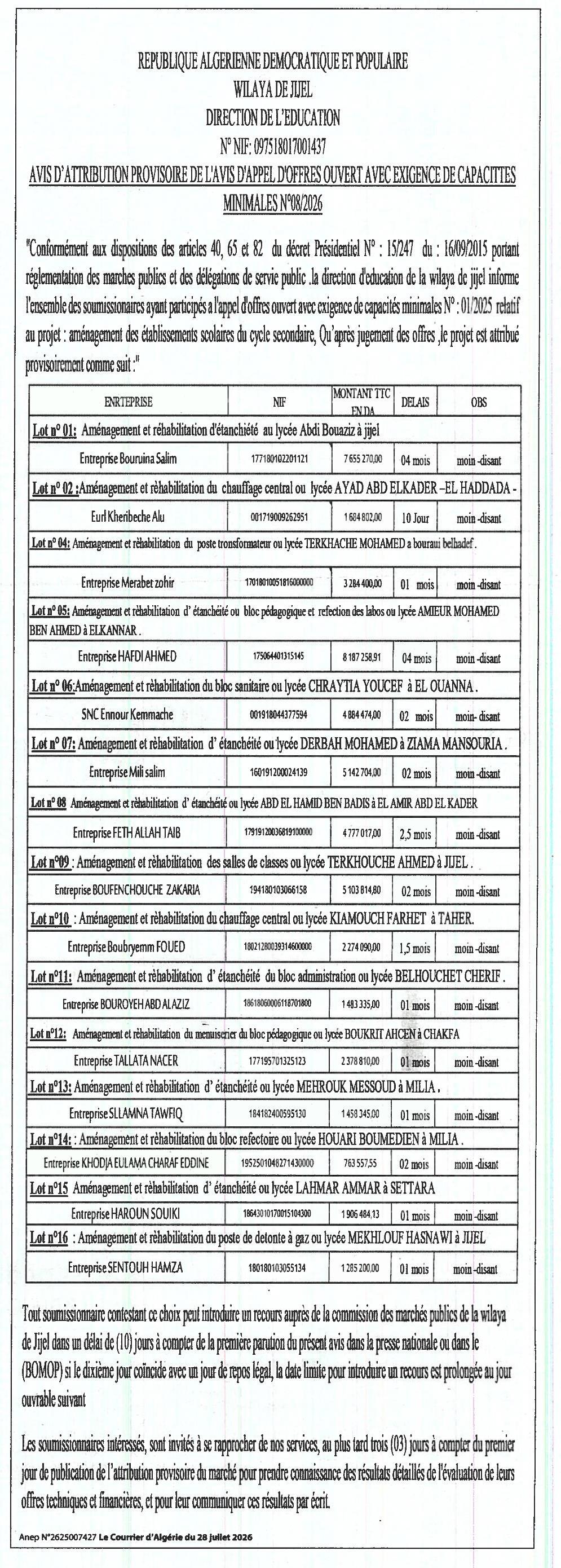 Attribution provisoire - Aménagement des établissements scolaires du cycle secondaire
