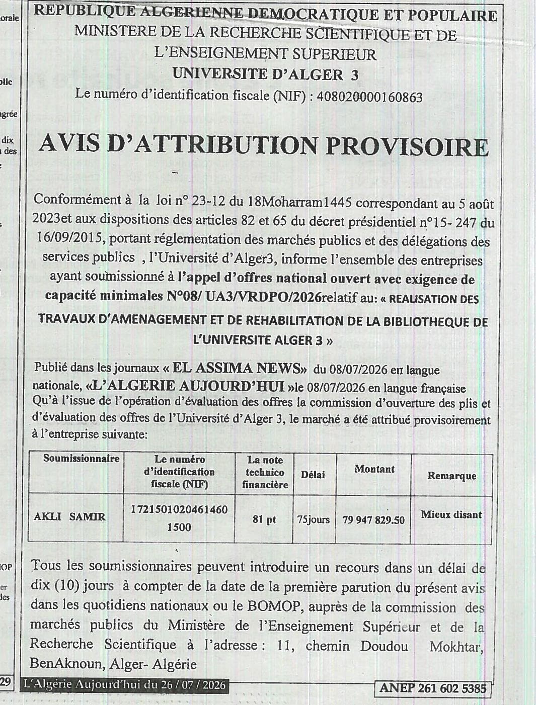 REALISATION DES TRAVAUX D'AMENAGEMENT ET DE REHABILITATION DE LA BIBLIOTHEQUE DE L'UNIVERSITE ALGER 3