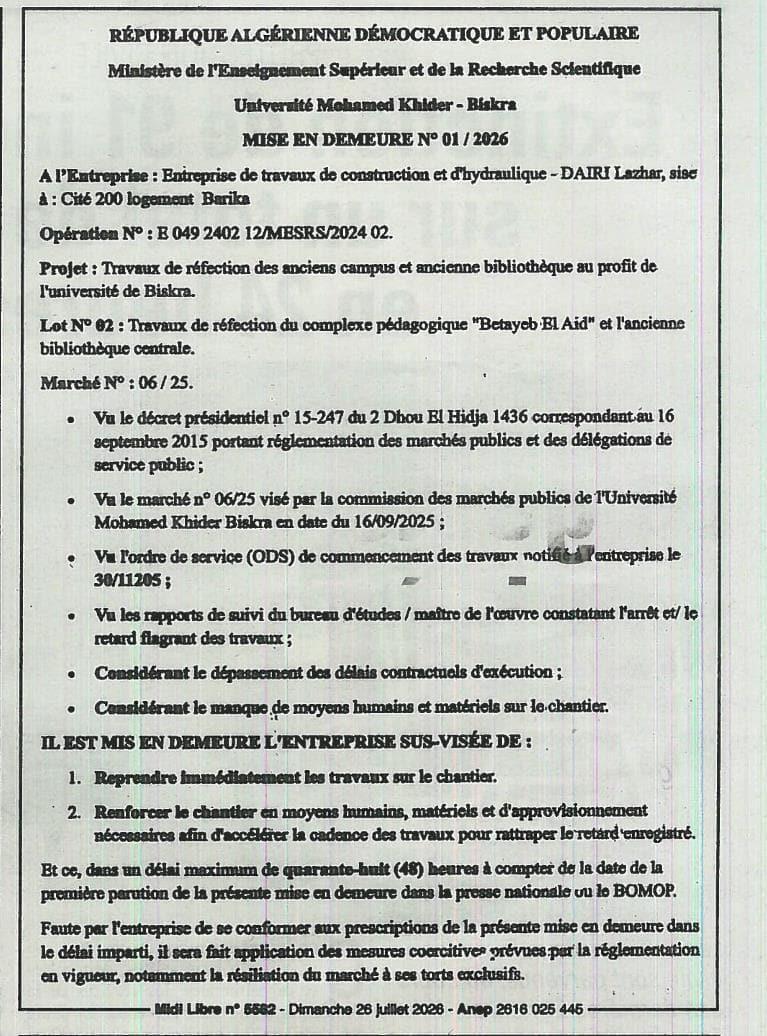 Mise en demeure pour travaux de réfection du complexe pédagogique et bibliothèque centrale