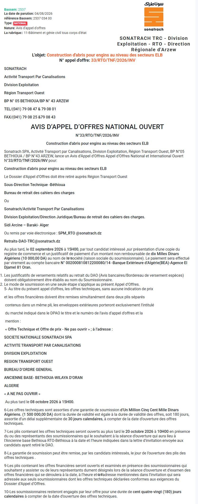 Construction d'abris pour engins au niveau des secteurs ELB