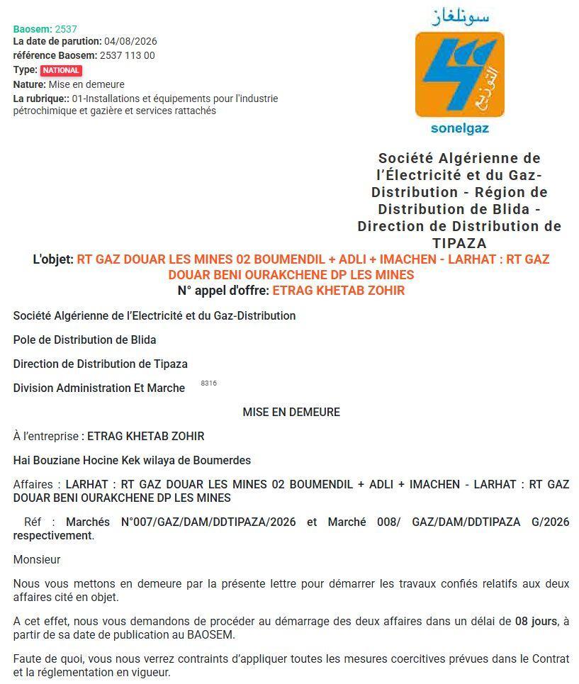 MISE EN DEMEURE pour travaux de réseau de gaz dans les communes de Larhat et Douar Beni Ourakchene (Tipaza)
