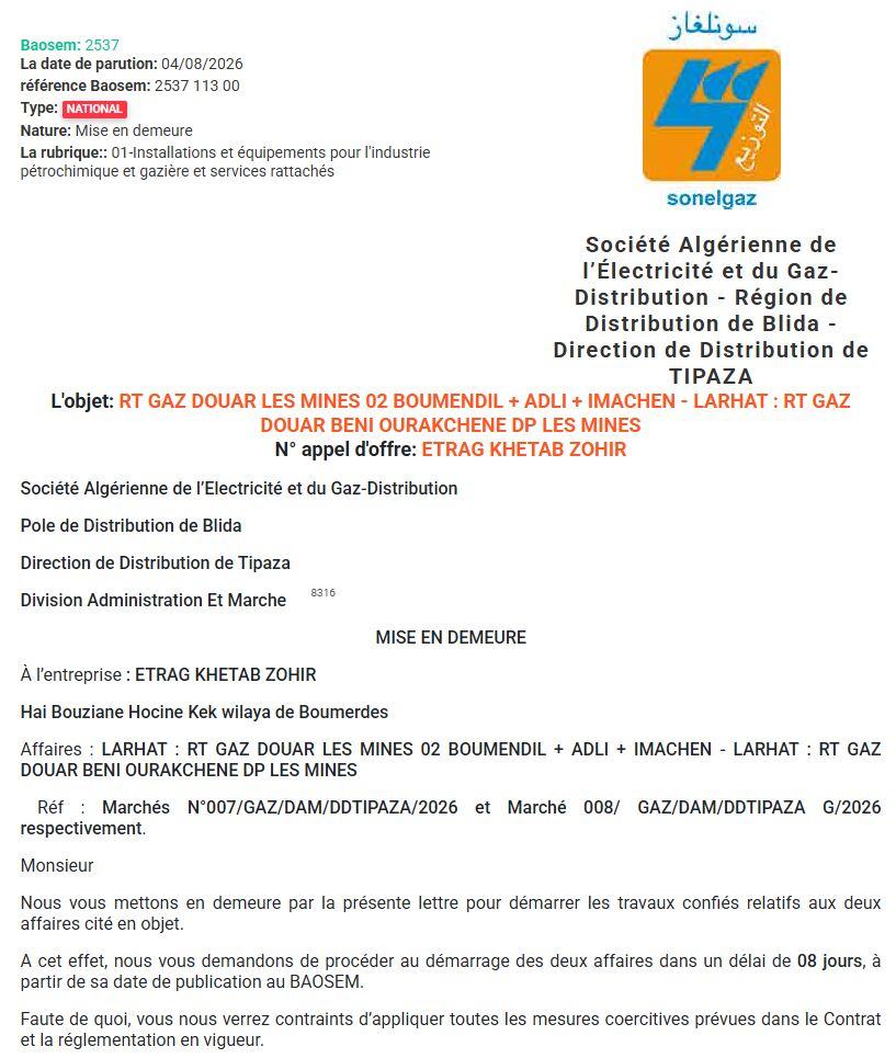 MISE EN DEMEURE pour travaux de réseau de gaz dans les communes de Larhat et Douar Beni Ourakchene (Tipaza)