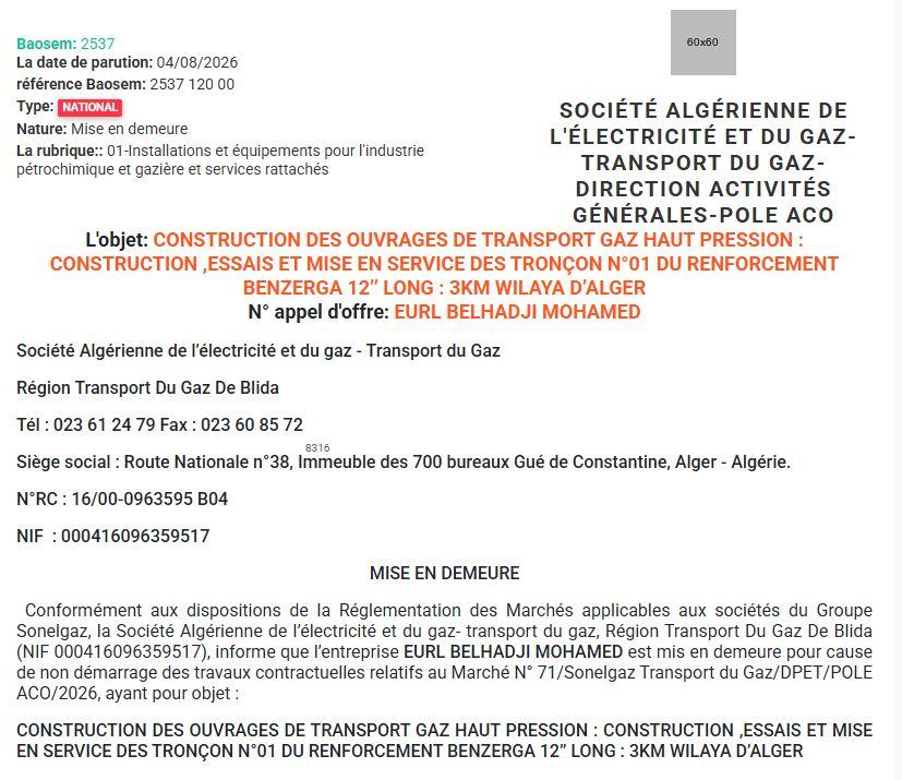 Mise en demeure pour non-démarrage des travaux de construction d'ouvrages de transport de gaz