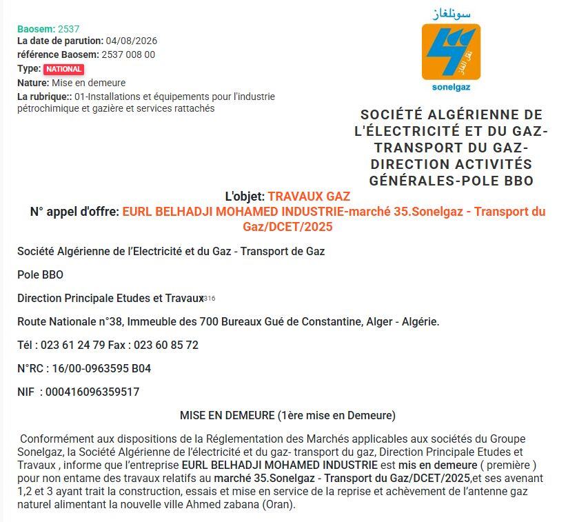 Mise en demeure pour non-exécution de travaux gaziers
