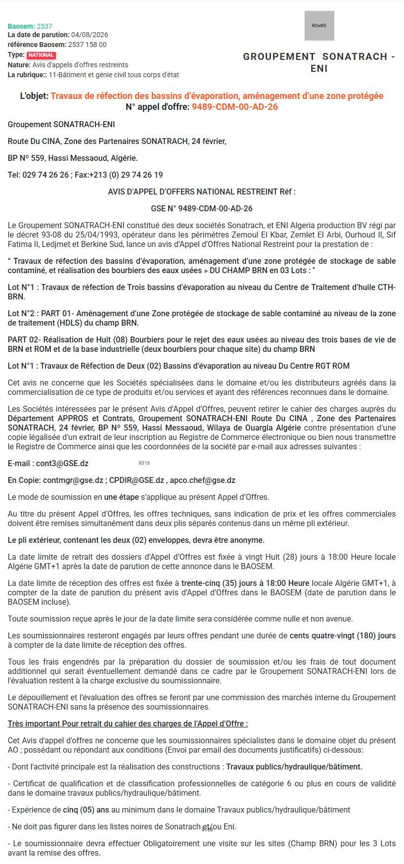 Travaux de réfection des bassins d'évaporation et aménagement d'une zone protégée