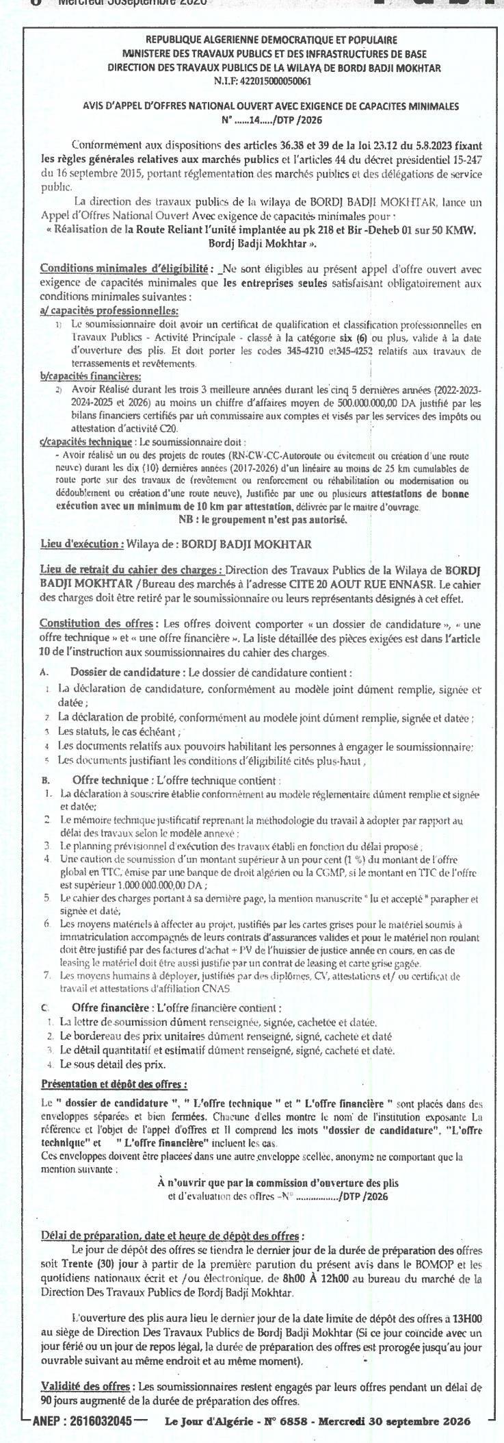 Réalisation de la route reliant l'unité implantée au ph. 218 et Bir-Deho (50 km) - Bordj Badji Mokhtar