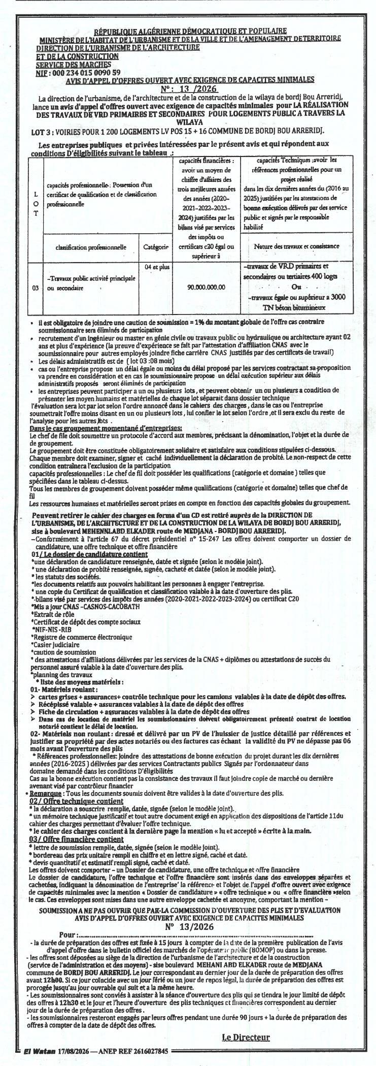 Appel d'offres ouvert avec exigence de capacités minimales pour la réalisation des travaux de VRD primaires et secondaires pour l'agriculture public à travers la wilaya de Bordj Bou Arreridj – Lot 3 : Voies pour 1 200 logements (UPOI 13 + 16) – Commune de Bordj Bou Arreridj