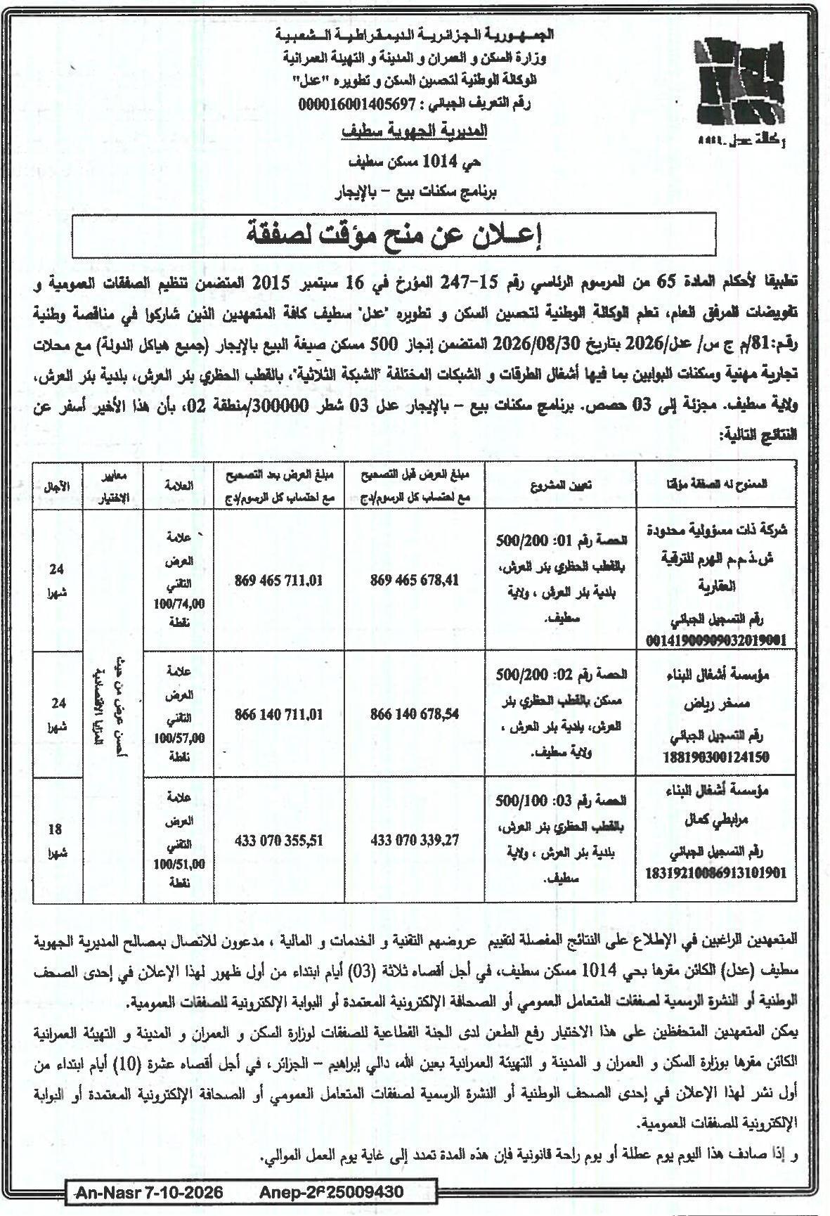إعلان عن منح مؤقت لصفقة لإنجاز 500 مسكن صيغة البيع بالإيجار مع محلات تجارية و شبكات متنوعة
