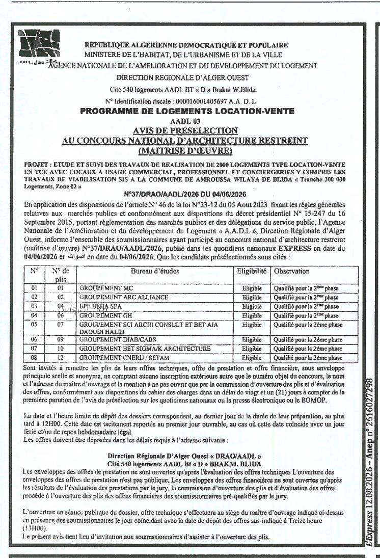 Avis de présélection au concours national d'architecture restreint (maîtrise d'œuvre) pour l'étude et le suivi des travaux de réalisation de 2000 logements