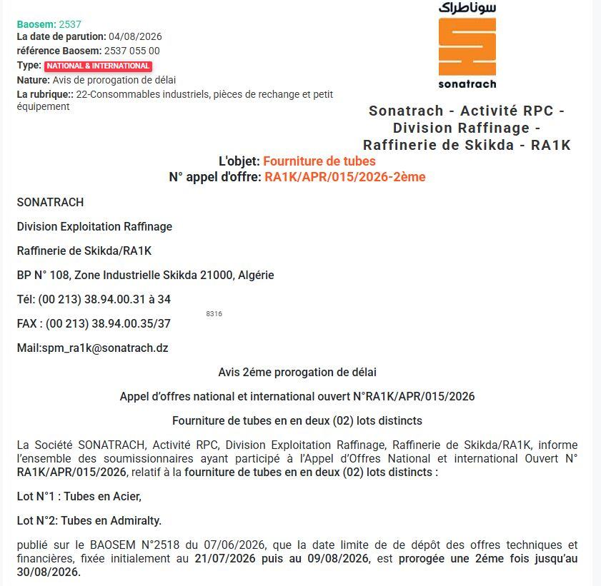 Avis de prorogation de délai pour la fourniture de tubes