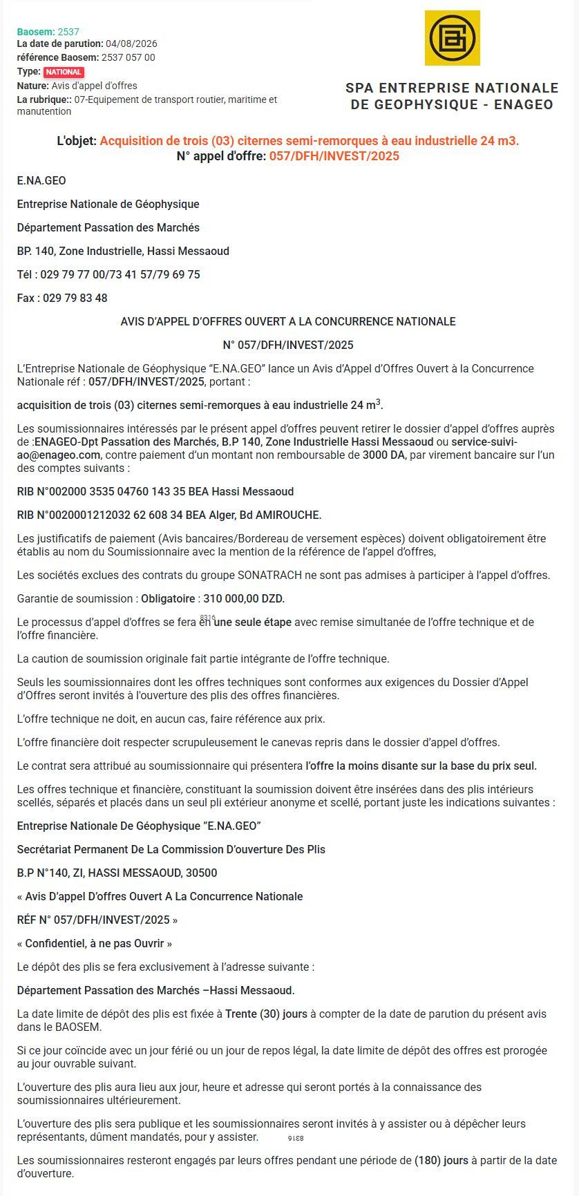 Acquisition de trois citernes semi-remorques à eau industrielle 24 m³