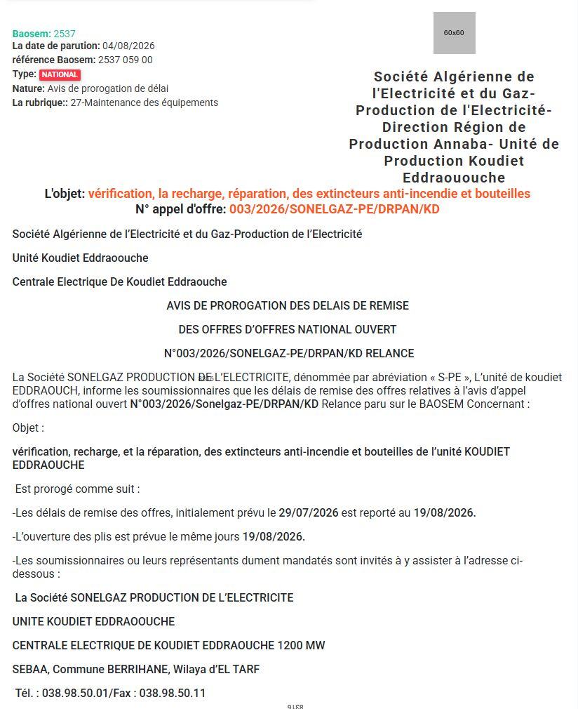 Avis de prorogation de délai pour la vérification, recharge et réparation des extincteurs anti-incendie et bouteilles