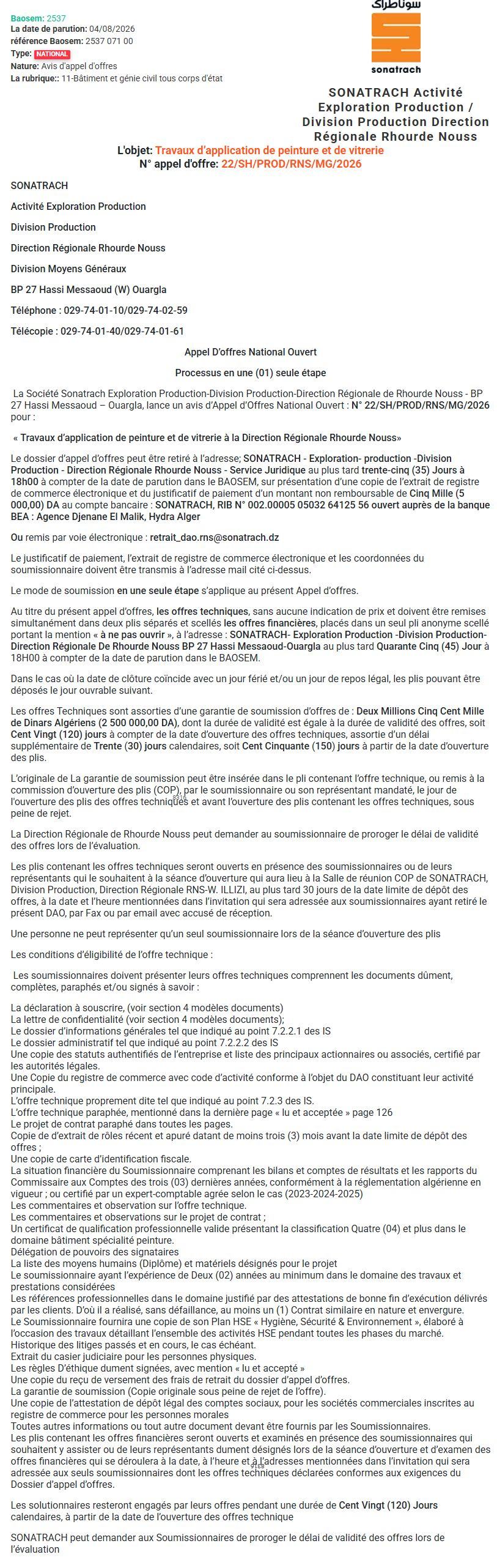 Travaux d'application de peinture et de vitrerie à la Direction Régionale Rhourde Nouss