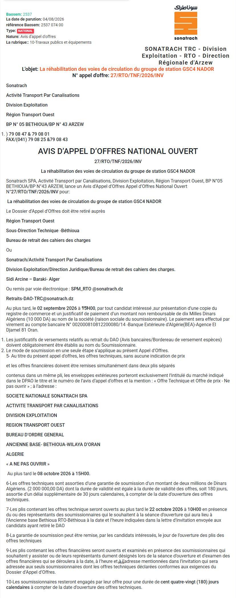 Réhabilitation des voies de circulation du groupe de station GSC4 NADOR