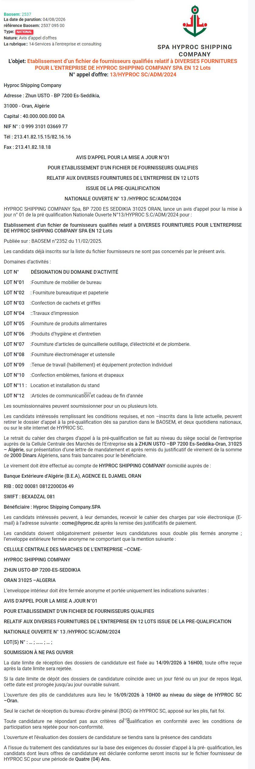 Établissement d'un fichier de fournisseurs qualifiés pour diverses fournitures en 12 lots