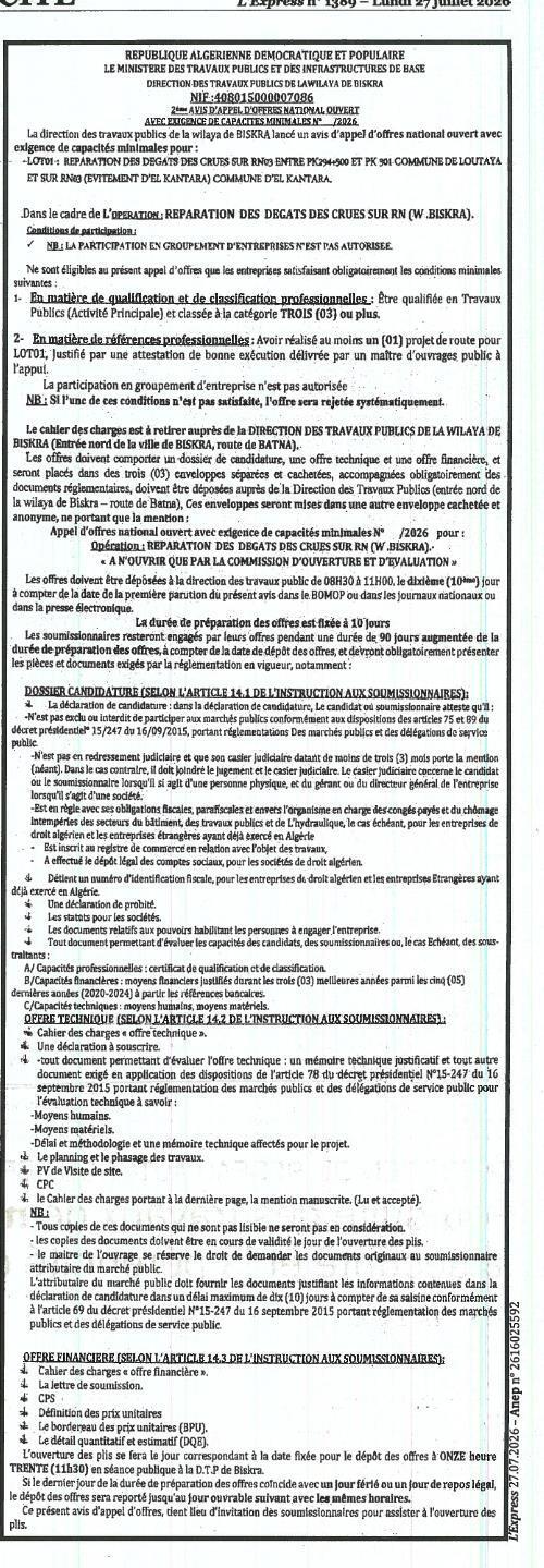 Reparation des degats des crues sur RN (W. Biskra)