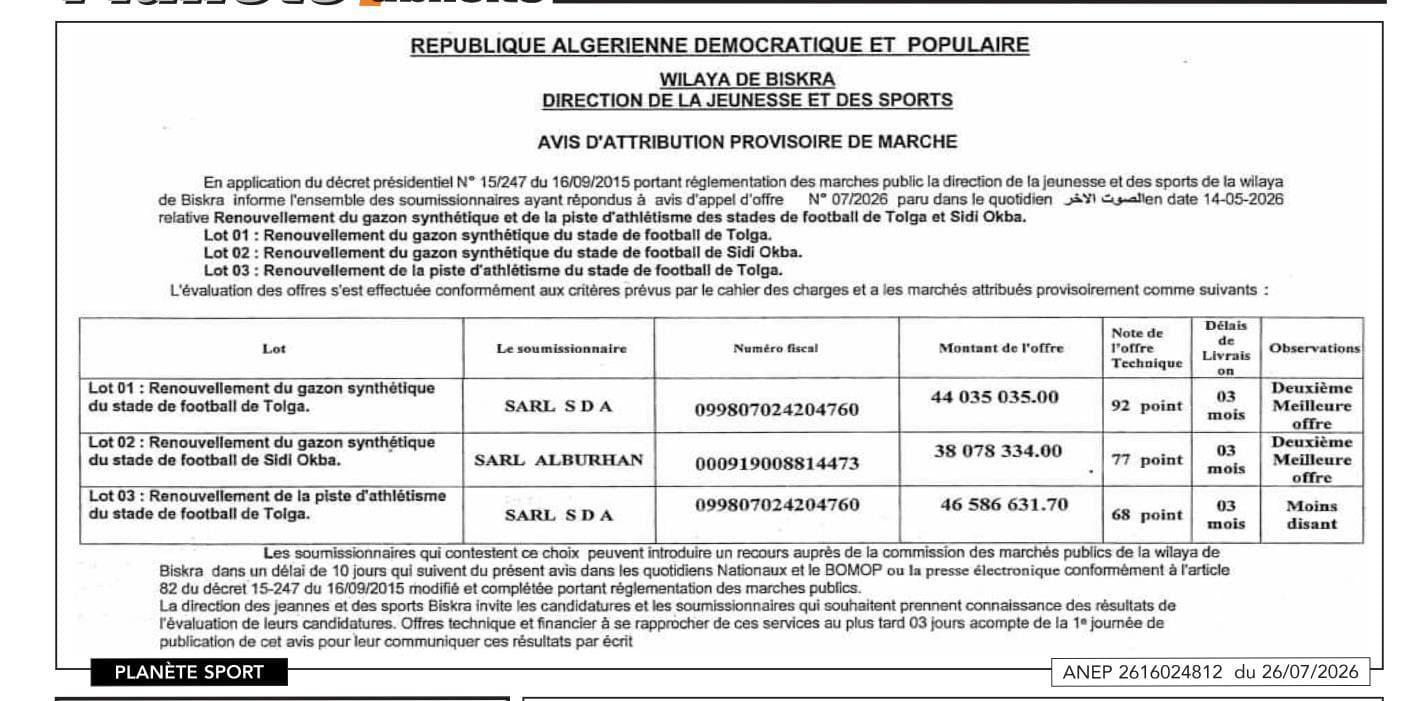 Renouvellement du gazon synthétique et de la piste d'athlétisme des stades de football de Tolga et Sidi Okba