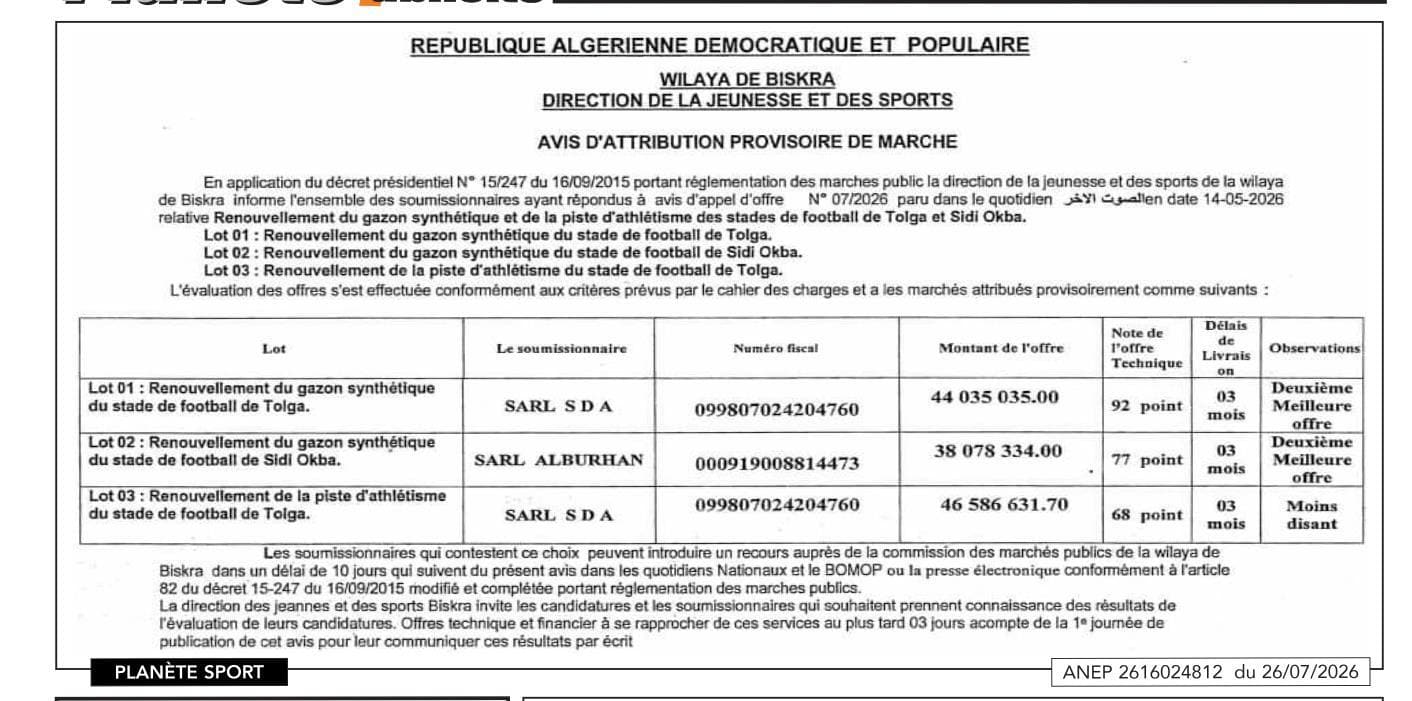 Renouvellement du gazon synthétique et de la piste d'athlétisme des stades de football de Tolga et Sidi Okba