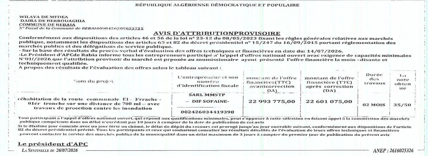 Réhabilitation de la route communale El-Frrache - Oler tronche sur une distance de 700 ml avec travaux de protection contre les inondations
