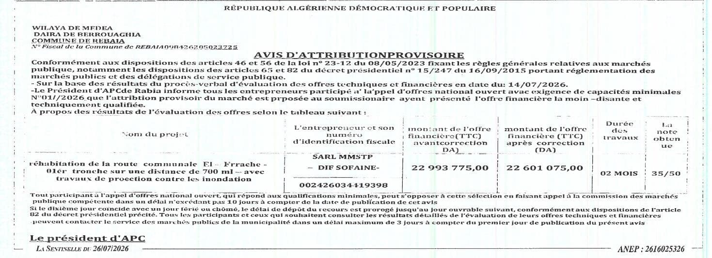 Réhabilitation de la route communale El-Frrache - Oler tronche sur une distance de 700 ml avec travaux de protection contre les inondations