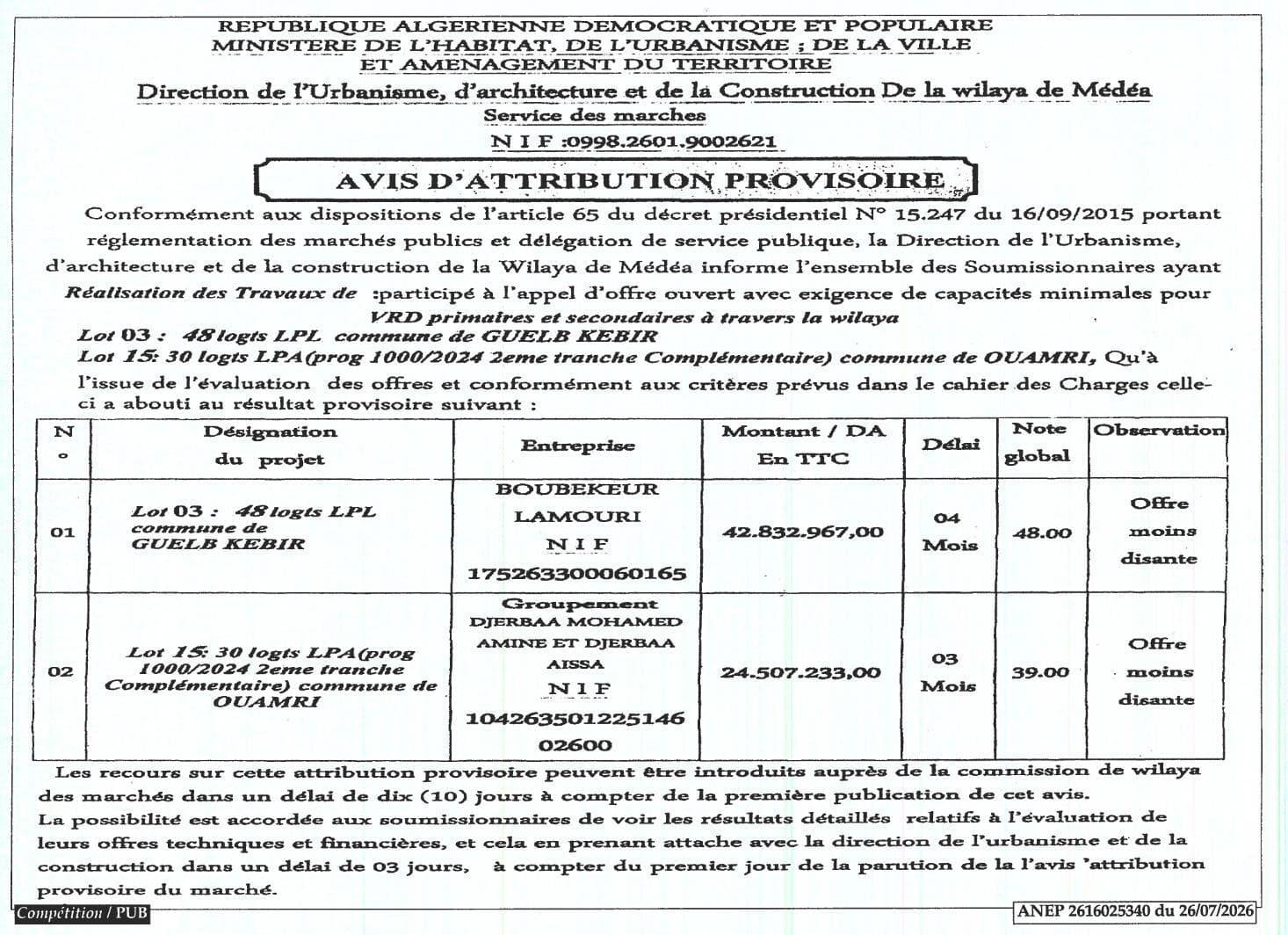 Attribution provisoire pour la réalisation des travaux de VRD primaires et secondaires à travers la wilaya