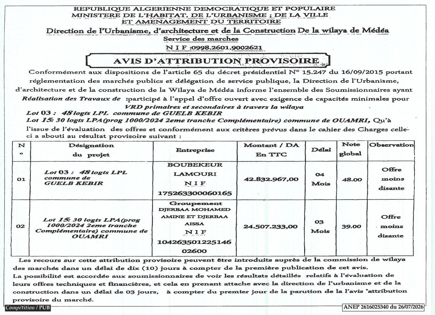 Attribution provisoire pour la réalisation des travaux de VRD primaires et secondaires à travers la wilaya
