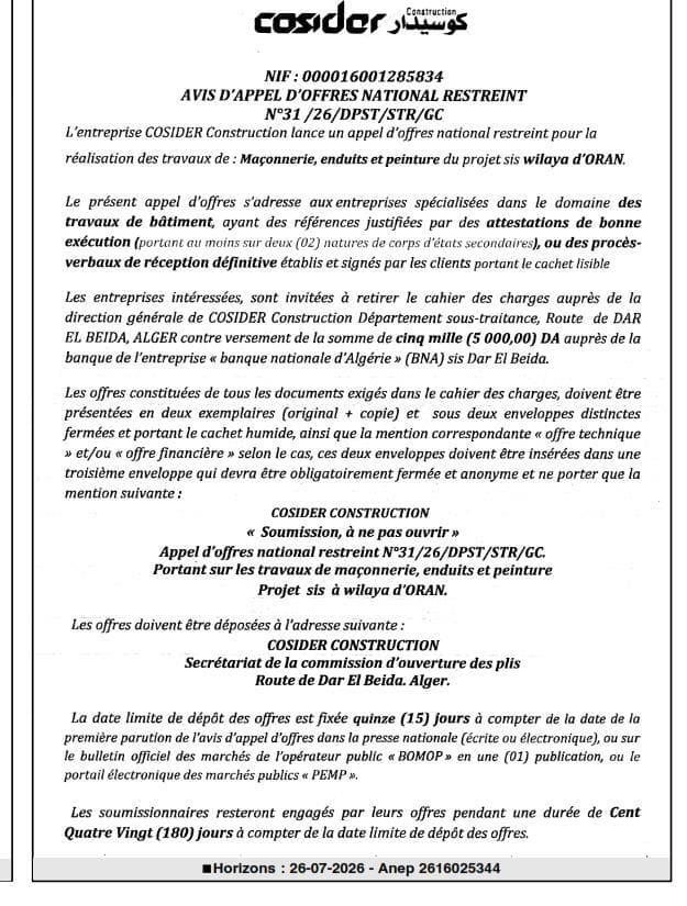 Maçonnerie, enduits et peinture du projet sis wilaya d'ORAN