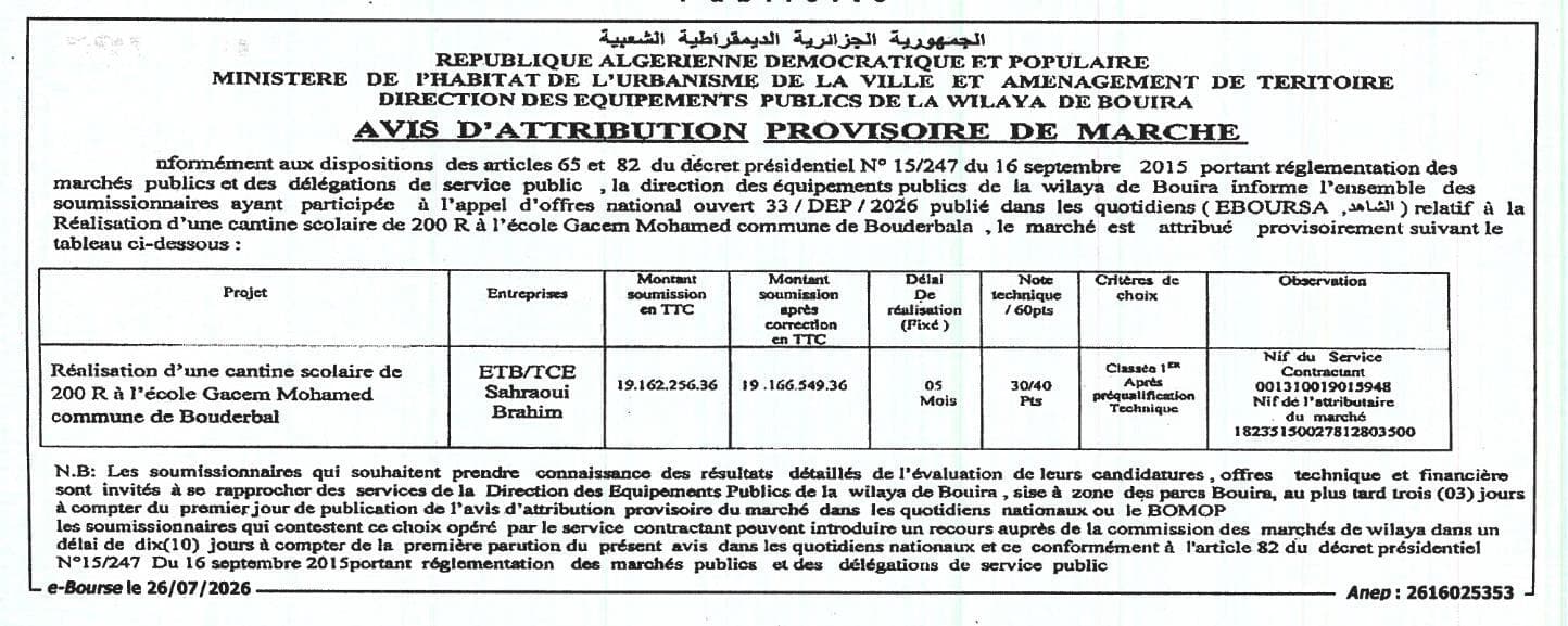 Réalisation d'une cantine scolaire de 200 R à l'école Gacem Mohamed