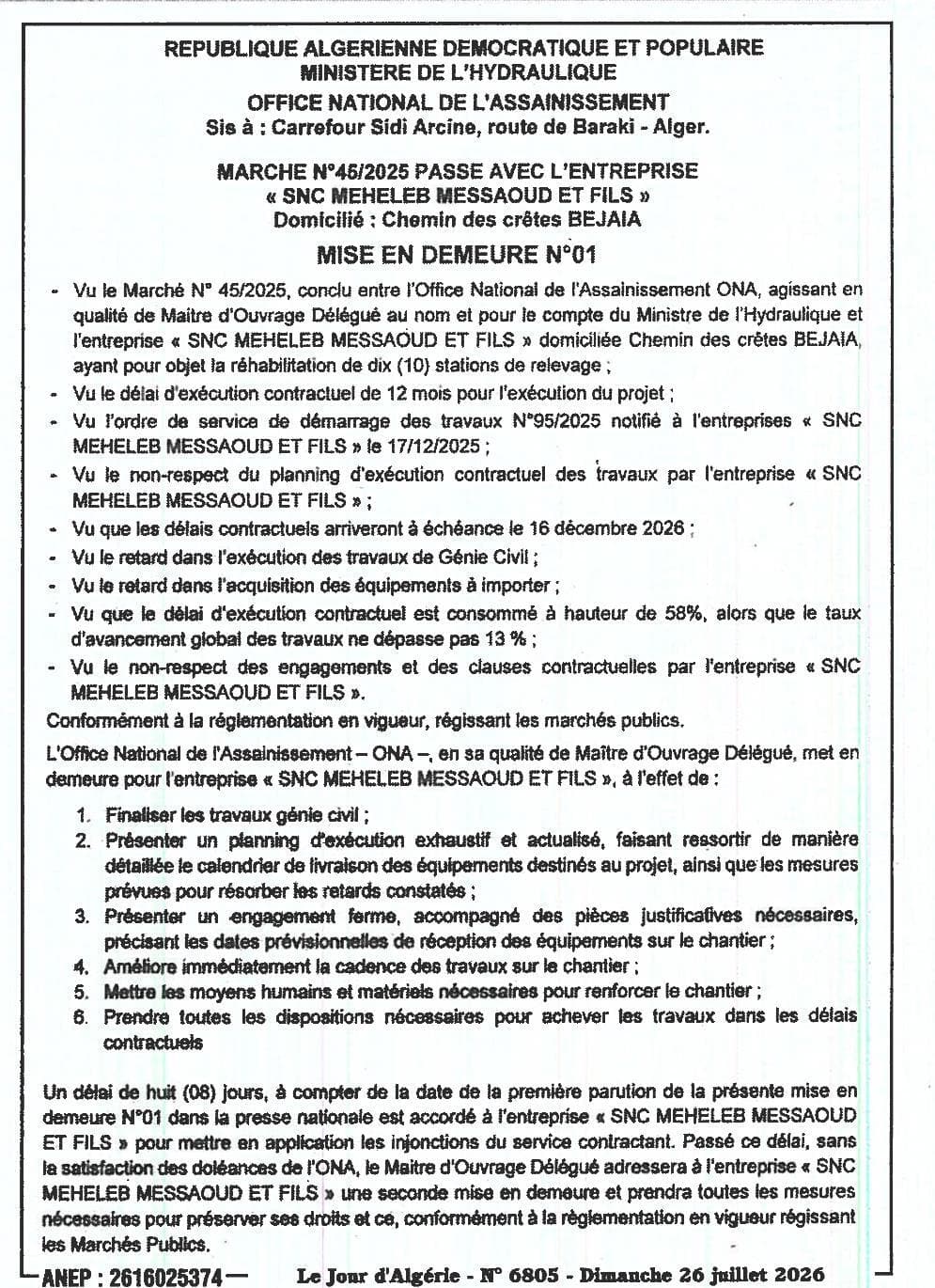 Mise en demeure pour non-respect des délais contractuels - Réhabilitation de stations de relevage