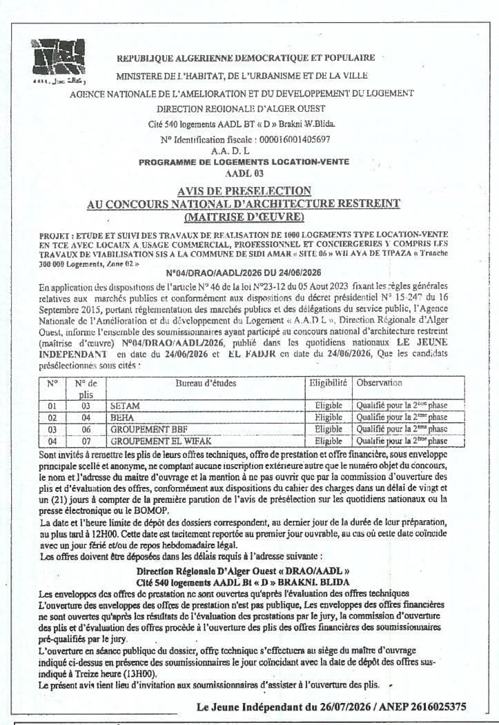 Étude et suivi des travaux de réalisation de 1000 logements type location-vente en TCE avec locaux à usage commercial, professionnel et conciergeries y compris les travaux de viabilisation sis à la commune de Sidi Amar « Site 06 » VII Aya de Tipaza « Tranche 300 000 Logements, Zone 02 »