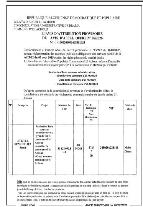 Réalisation Trois Annexes administratives : Grands vents, Oued Tarfa et Oued Romane commune d'El Achour
