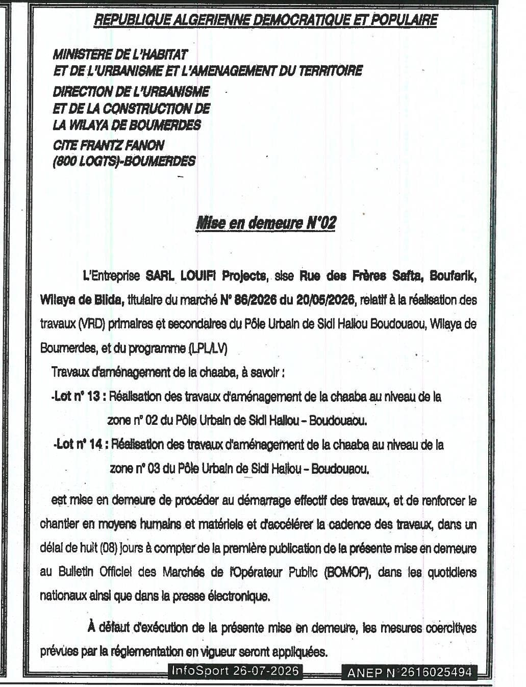 Mise en demeure N°02 - Travaux d'aménagement de la chaaba au niveau des zones n° 02 et n° 03 du Pôle Urbain de Sidi Hallou – Boudouaou