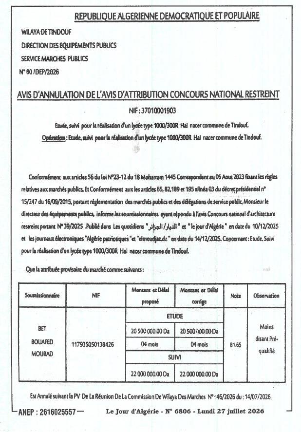 Avis d'annulation de l'avis d'attribution concours national restreint pour étude et suivi de réalisation d'un lycée type 1000/300R