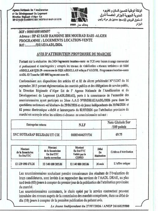 Avis d'attribution provisoire pour la réalisation de 2424 logements en formule vente-location à Sidi Abdallah