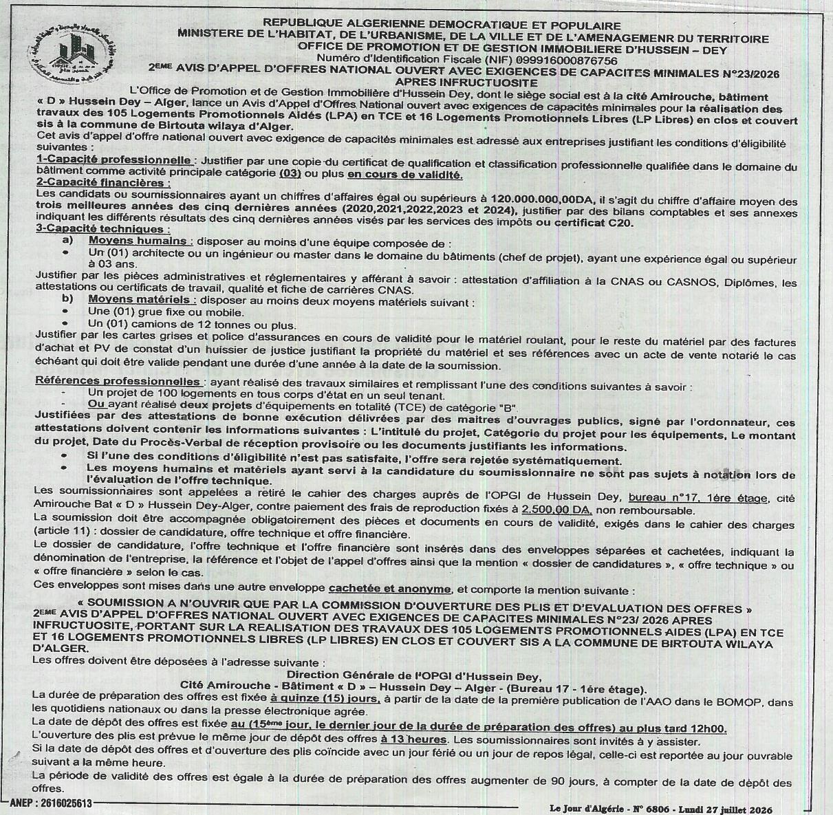 Travaux des 105 Logements Promotionnels Aidés (LPA) en TCE et 16 Logements Promotionnels Libres (LP Libres) en clos et couvert sis à la commune de Birtouta wilaya d'Alger