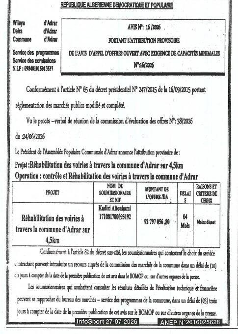 RÉHABILITATION DES VOIRIES À TRAVERS LA COMMUNE D'ADRAR SUR 4,5KM