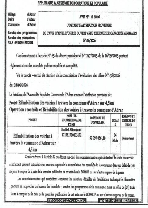 RÉHABILITATION DES VOIRIES À TRAVERS LA COMMUNE D'ADRAR SUR 4,5KM