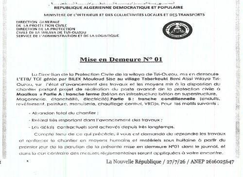 Mise en demeure pour non-exécution des travaux d'infrastructure à Tizi-Djoudou