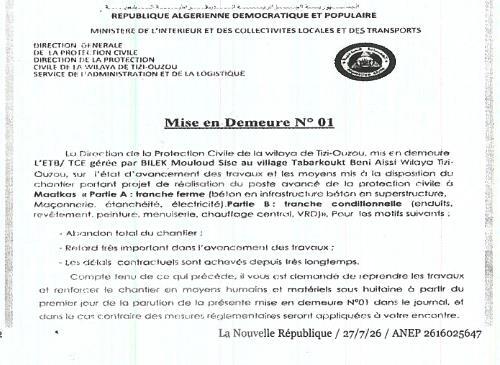 Mise en demeure pour non-exécution des travaux d'infrastructure à Tizi-Djoudou