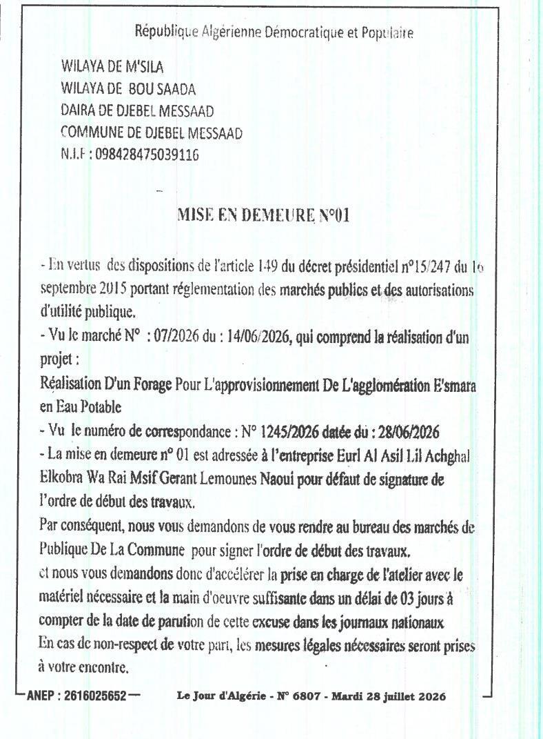 Mise en demeure pour défaut de signature de l'ordre de début des travaux