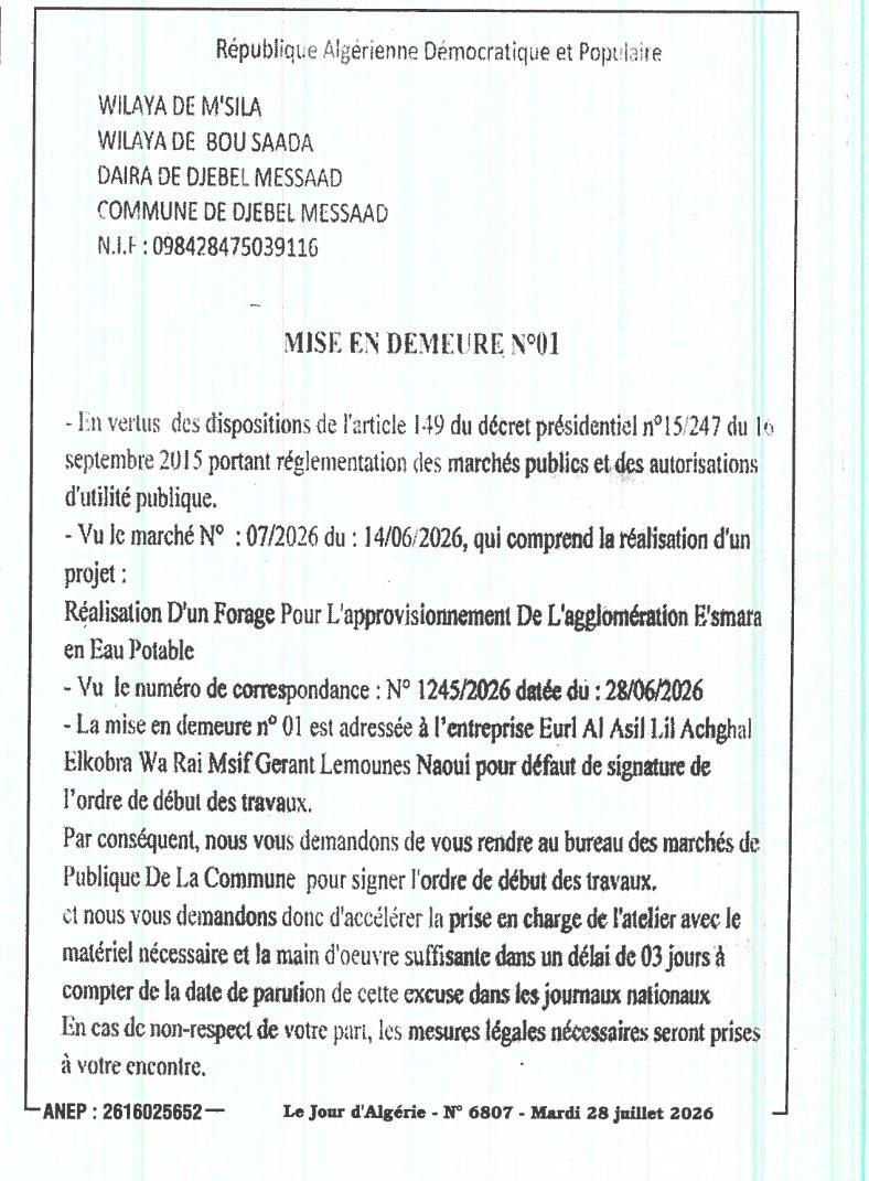 Mise en demeure pour défaut de signature de l'ordre de début des travaux