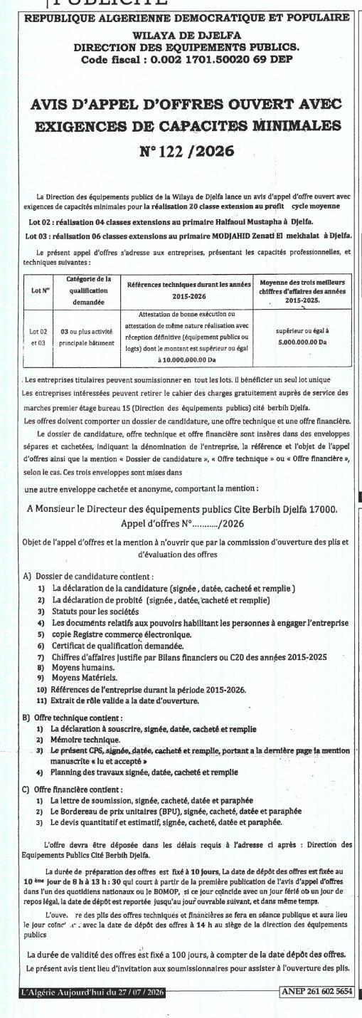 Réalisation d'extensions de classes au primaire Halfaou Mustapha à Djelfa
