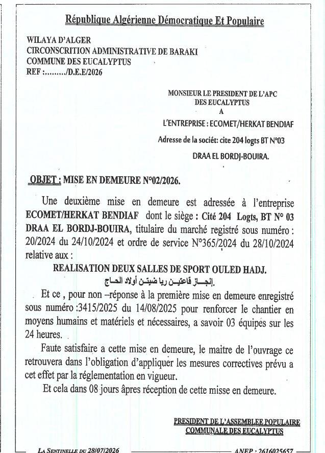 Mise en demeure n°02/2026 relative à la réalisation de deux salles de sport