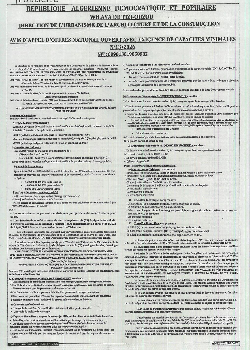 REALISATION DES TRAVAUX DE VRD PRIMAIRES ET SECONDAIRES DES PROGRAMMES DE LOGEMENTS PUBLICS A TRAVERS LA WILAYA DE TIZI OUZOU